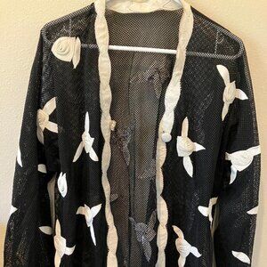 Vintage Black Mesh Long-Sleeve Jacket with Off-white Leather Rosettes (Large)